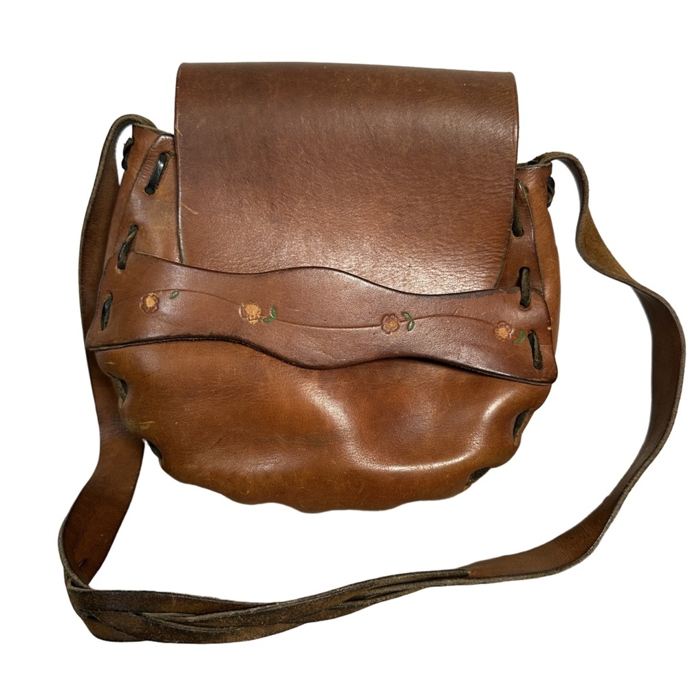 Vintage handmade western Brown Leather‎ Shoulder Bag small purse tooled